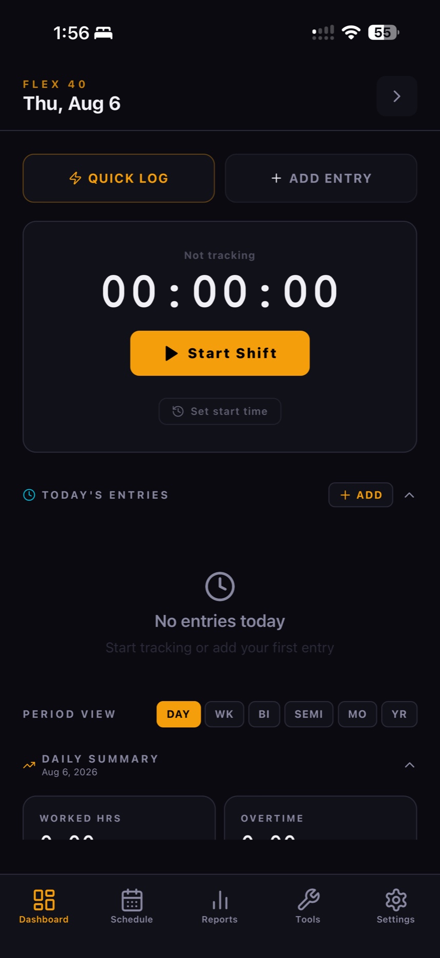 Flex 40 dashboard with shift timer and daily summary