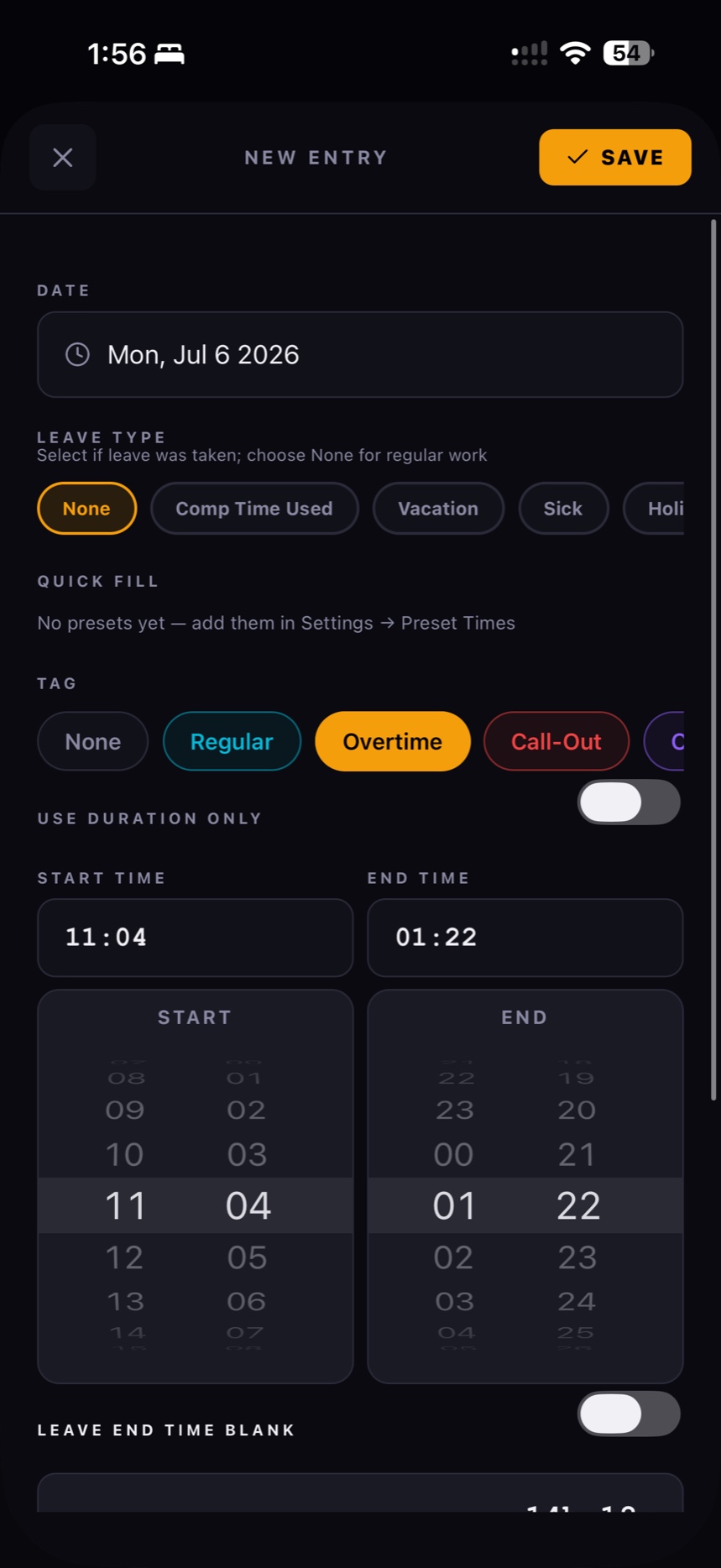 Flex 40 new entry screen with leave type, tags and start and end times