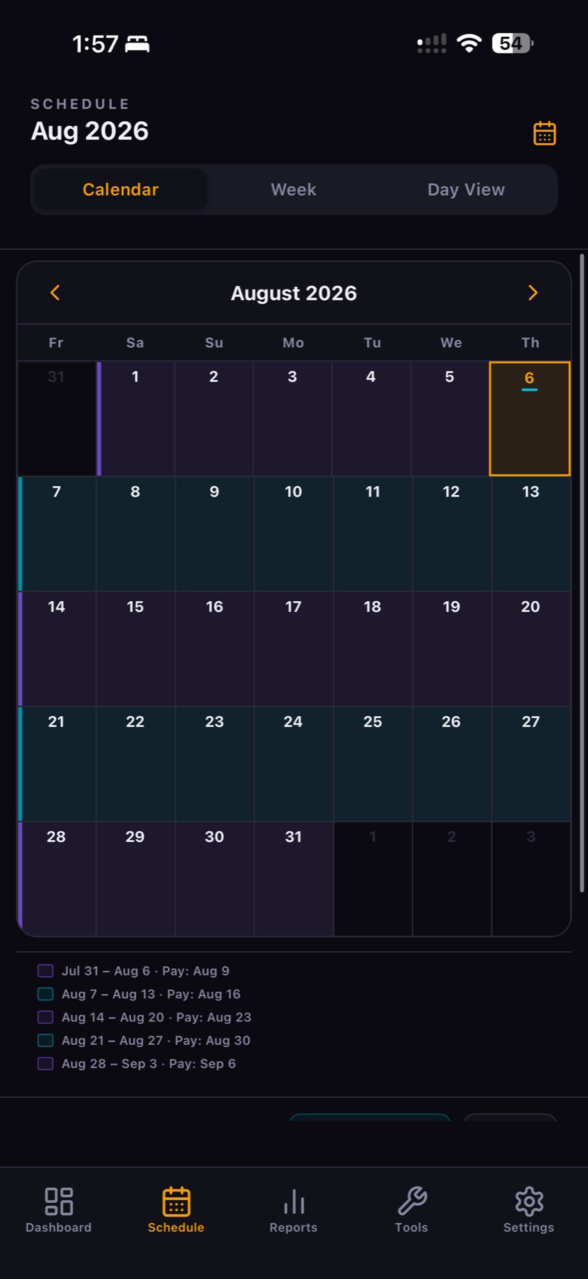 Flex 40 schedule calendar showing pay periods for August