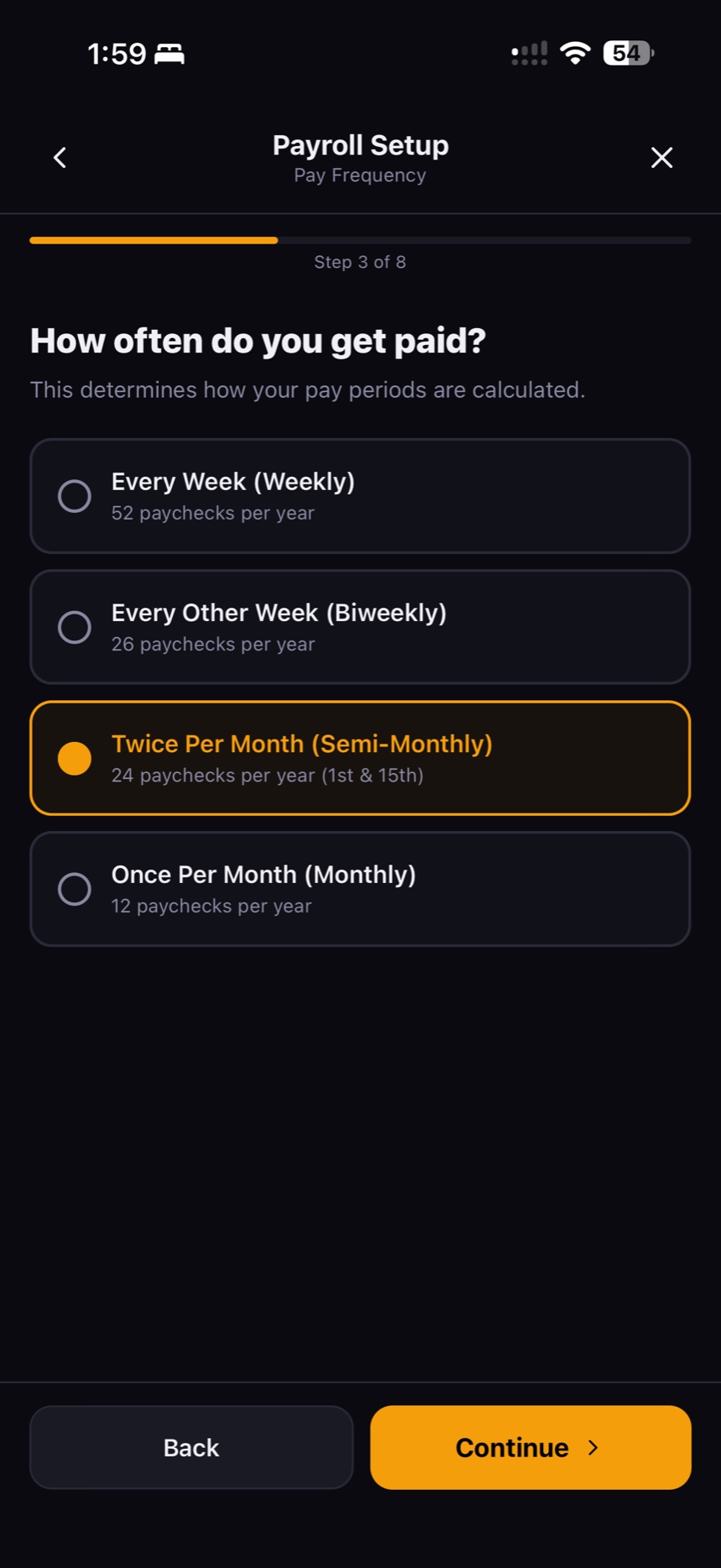 Flex 40 payroll setup asking how often you get paid