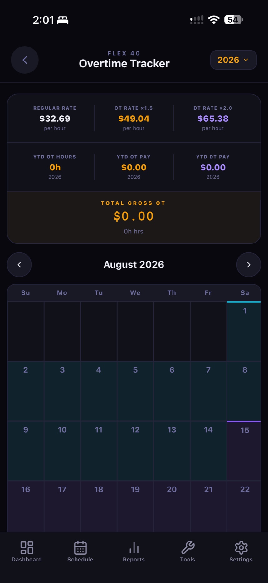 Overtime tracker showing regular, overtime and double-time rates