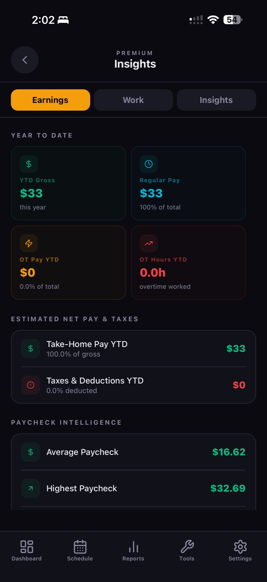 Premium insights showing year-to-date earnings, taxes and paycheck intelligence
